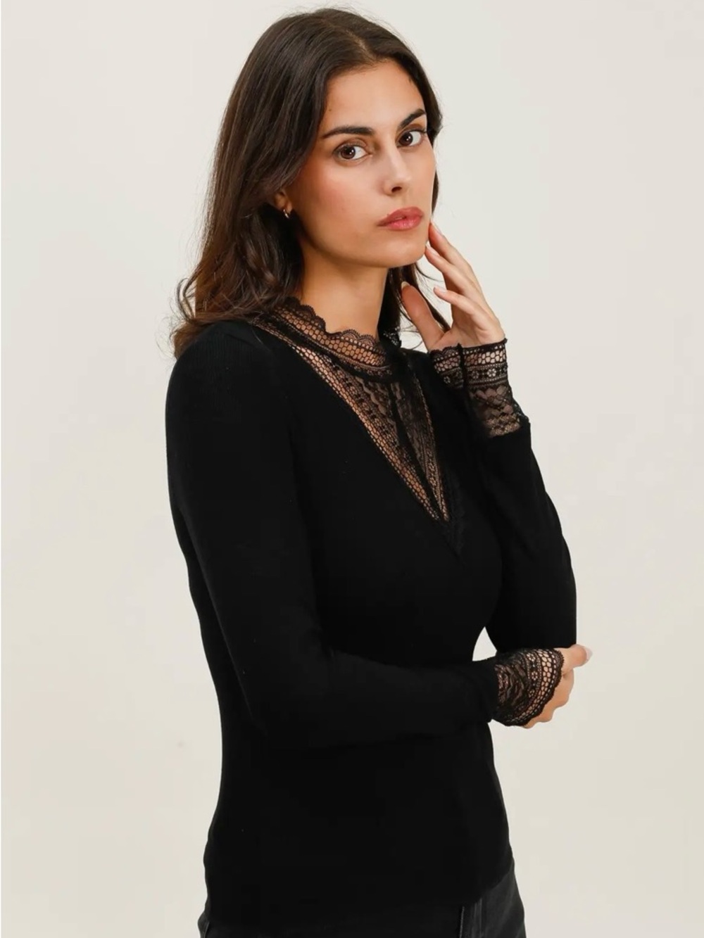 Black Lace Trim Long Sleeve Top